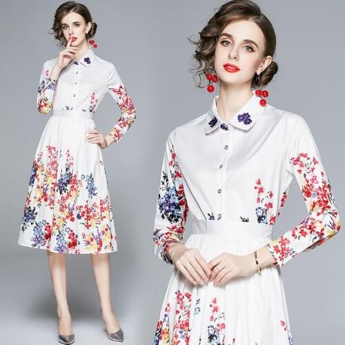White Designer Dresses Runway 2020 High Quality Vestido Midi Elegante Fashion Floral Print Button Shirt Dress 2 Piece Set Dress