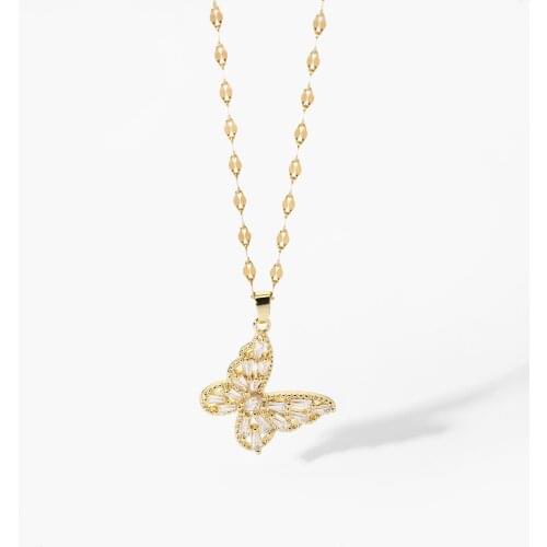 Elegant Classic Cooper Butterfly Zircon Pendant Necklace For Women Stainless Steel Water Wave Chain Choker Necklace