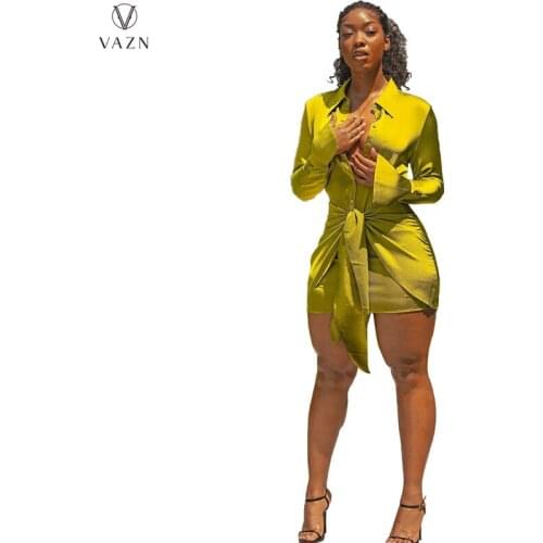 VAZN 2021 Autumn Elegant Overalls Solid Simple Bandage Top Chiffon Shirt Free Dress Casual Full Sleeve Women Mini Dress Vestido