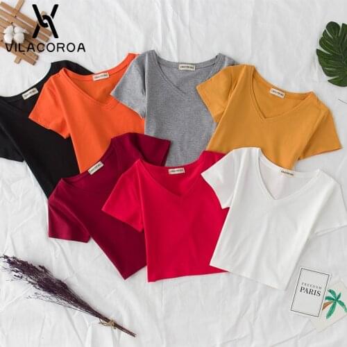 Cotton V Neck Solid Color Female T Shirt Casual Top High Waist Tee Slim Basic Crop Top Summer Streetwear White Women Tshirt