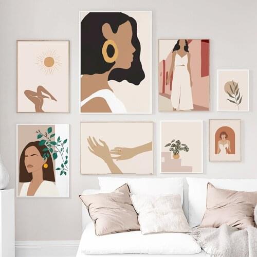 Girl Hand Sun Monstera Leaf Abstract Wall Art Canvas Painting Nordic Posters And Prints Wall Pictures For Living Room Boho Decor