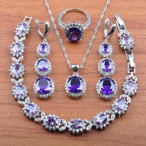 Natural Austrian CrystalSilver Color Jewelry Set For Women Purple CZ Earrings Necklace Pendant Rings Bracelet Set JS0313