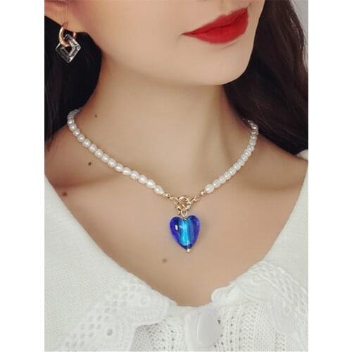 Kshmir 2021 Vintage baroque fresh water pearl pink/blue/glass heart pendant collarbone short necklace new girls jewelry gift