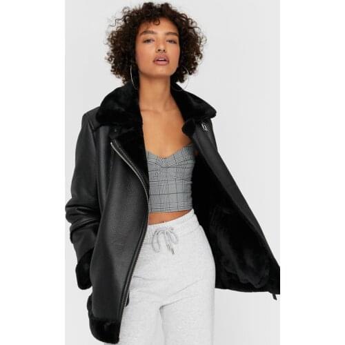 Womens Black Faux Fur Detail Biker Jacket 05759424