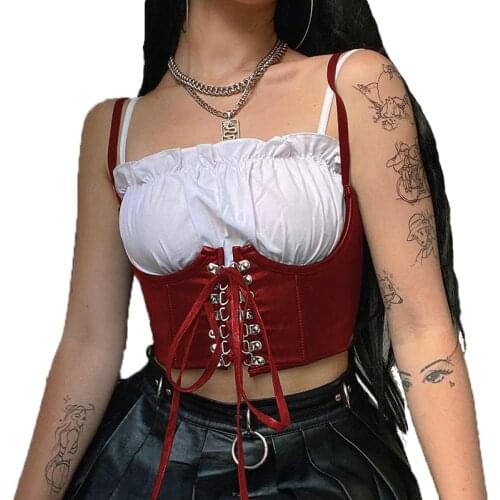 Fashion Womens Chest Support Vest Metal Buckle Lace Up PU Leather Tight Fitting Camisole Push Up Corsets for Female 3 colors