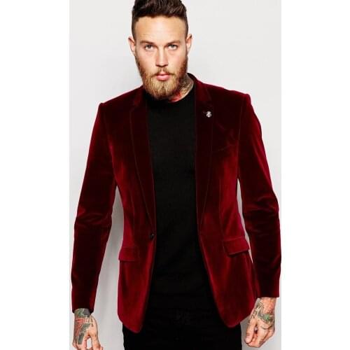 Center Vent Groomsmen Notch Lapel Groom Tuxedos Velvet Wine Jacket Men Suits Black Pants Wedding Best Man (Jacket+Pants) B892