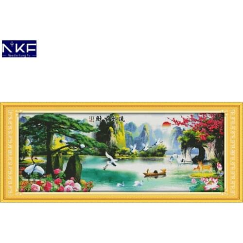 NKF Running Water Brings Wealth Cross Stitch Pattern DIY Kit Needlework Embroidery Sets Chinese Cross Stitch for Home Decor