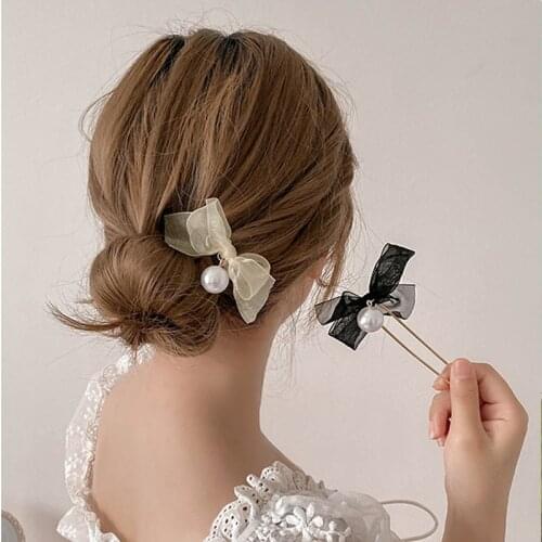 New Women Elegant Chiffon Bow Pearl Hair Sticks Sweet Bun Hair Holder Clips Maruko Hairpins Headband Fashion Hair Accessories
