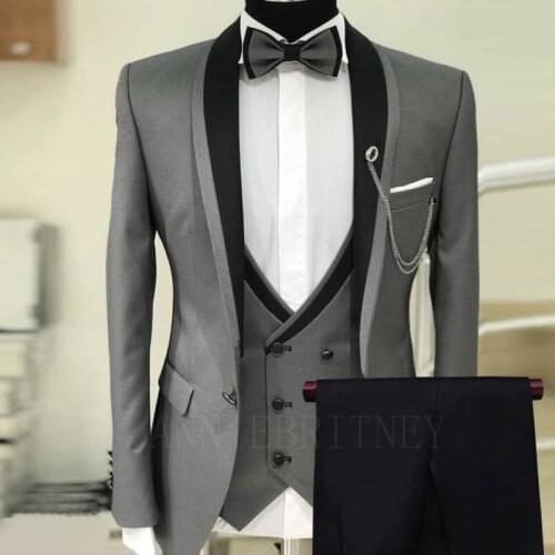Trendy New Luxury Mens Suit Grey Wedding Suits for Men Custom Slim fit Groom Prom Tuxedo Jacket Vest Black Pants 3 piece New