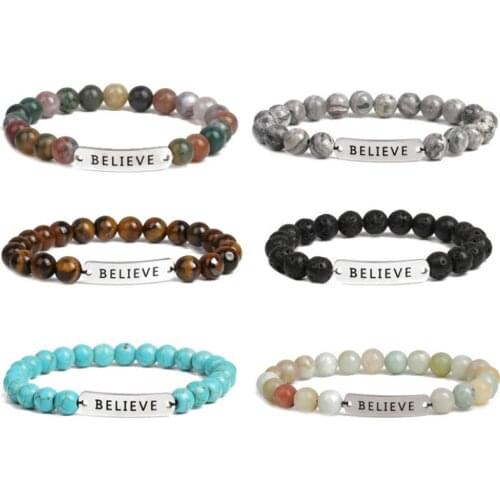 Couples Natural Stone Chakra Volcanic Lava Rock Beads Believe Letter Bracelet for Charms Women Men Jewelry Bracelets Gift Boho