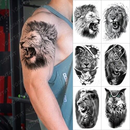 Watertransfer Temporary Tattoo Black Roar Lion Tatoo Sticker For Men Women Owl Forest Waterproof Fake Tatto Henna Wolf Tiger