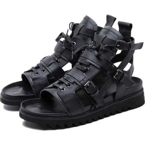 Male New Style Fashion Leather Summer Sandals Male High Top Lace Up Rome Beach Flat Sandals Male Solid Bottom Thick Sandals