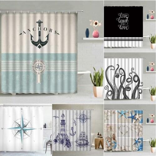 Mediterranean Nautical Anchor Shower Curtain Nordic Rudder Boat Bathroom Waterproof Wall Hanging Curtains Screen Hook Home Decor