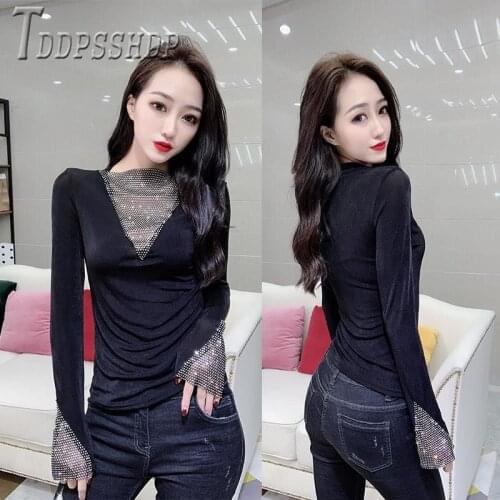 2020 Spring New Round Neck Slim Women T Shirt Imitation Diamond Black Female Tee Shirts