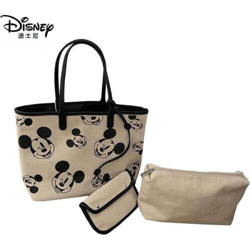 Disney Mickey Mouse Large Capacity Women Shoulder Bag Canvas Lady Handbag Three-piece Set Wallet Storage Bags Girl Purse