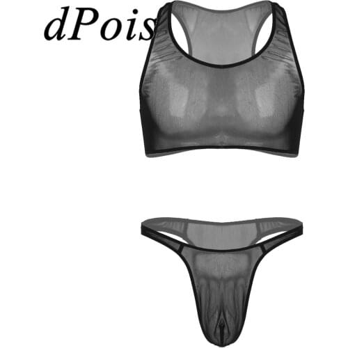 Plus Size Pajama Men Sexy See Through Mesh Lingerie Two-piec Sleepwear Sleeveless Cropped Tank Top with Low Waist Thongs Briefs