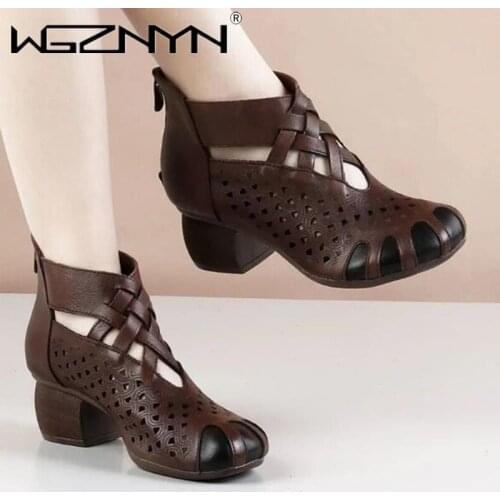 NEW Womens High-heeled Handmade Shoes Summer Autumn Genuine PU Leather Ladies Shoe Hollow Shoes Women Leather Retro Sandals