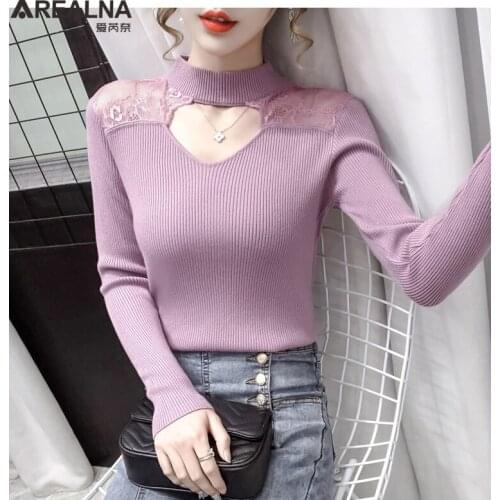 Winter Soft Sweater Women Jumper lace stitching Slim Elasticity Knitted Pullover Female Long Sleeve Autumn Basic Knitwear Tops