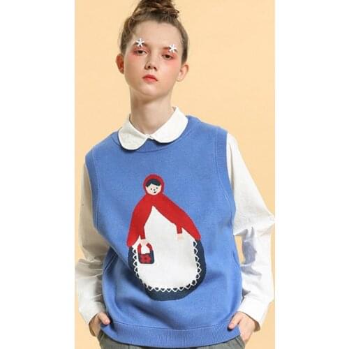 Womens Cartoon Embroidery Knitted Sweater Vest Blue Sleeveless Sweater 2021 Winter Warm O-Neck Female Jumpers Casual Pullover