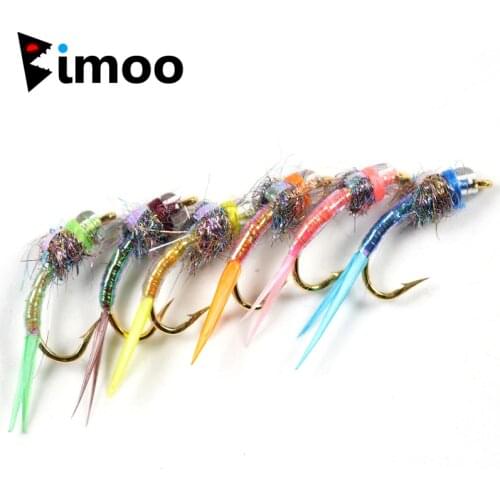 Bimoo 12PCS #16 Hook Fly Fishing Lure Trout Blue Gill Freshwater Fishing Flies Bead Head Nymph Fly Stonefly Baits Accessory