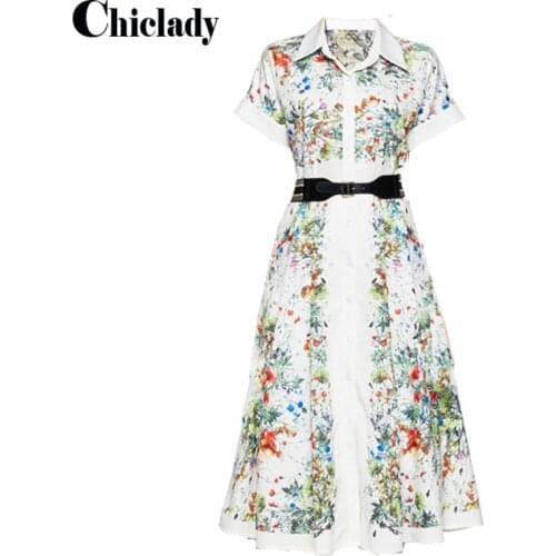 CHICLADY runway designer style turn down collar short sleeve summer floral animal printed midi shirt dress women dresses belt