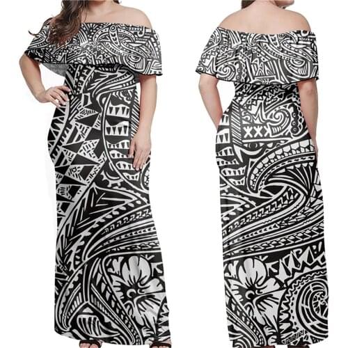 Jackherelook Vintage Black Off Shoulder Long Dresses Samoa Tribla Polynesian Tattoo Floral Style Beach Sexy Bodycon Maxi Dress