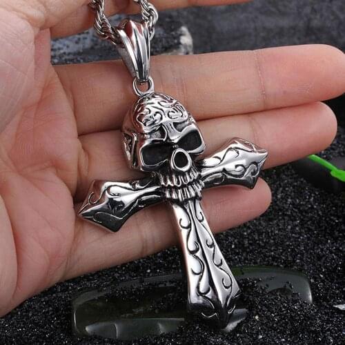 Granny Chic Cool Large Biker 316L Stainless steel Skeleton skull Cross Pendant Mens Rope Necklace Gothic Jewelry Vintage