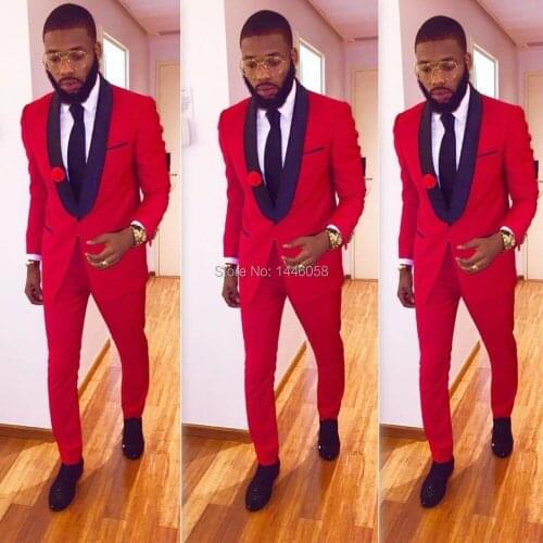 Custom Made Slim Fit Black Lapel Red Groom Tuxedos Mens Wedding Prom Suits With Pants Bridegroom Groomsman Best Man Suits