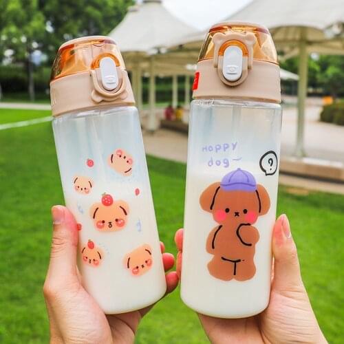 Creative Transparent Plastic Water Bottle With Straw Cartoon Cute Leakproof Travel Drinkware Cute Kids Student Girl Gift Cups