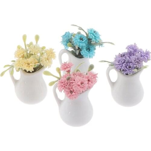 1:12 Doll House Miniature Flowers Fairy Garden Ornament Mini Potted Plant Flowers Pot DollHouse Decor Bonsai Model Kids Toys