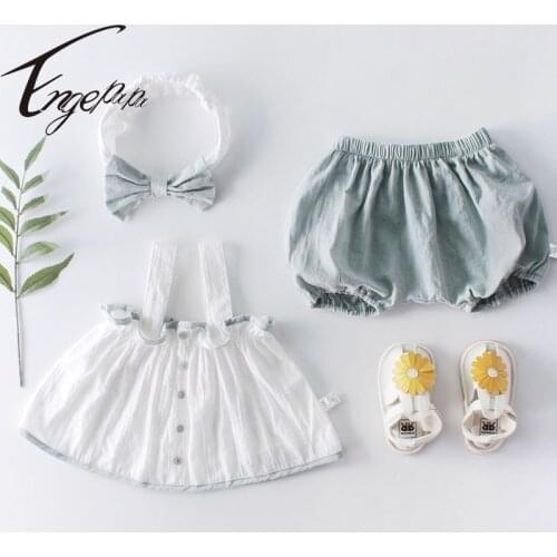 Engepapa Summer Newborn Baby Girls Clothes Sleeveless Suspender Top+PP Shorts+Hair Band Suit Toddler Girls Clothing Sets