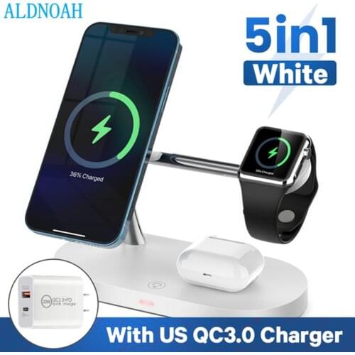 Magnetic Wireless Charger Stand 5 in 1 15W Fast Charging Station for Apple Watch 6 SE 5 4 3 2 AirPods Pro iPhone 12 11 XS XR X 8