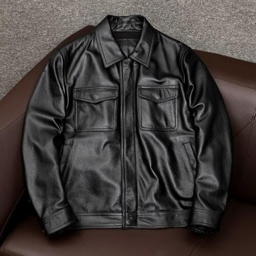 100% Genuine Leather Male Cow Leather Soft American Casual Jacket Men Turn Collar Coats Man Black Clothing Cowhide Plus Size 7XL