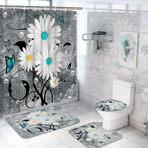 Little Daisy Flowers Print Shower Curtain Set 3D Elegant Flannel Toilet Lid Cover Anti-slip Kitchen Mat Rug Home Carpets