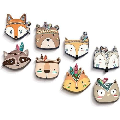 Indian Style Cute Animal Fox Pine Tree Wall Stickers Tribal Indian Cartoon Bear Cat Poster Nursery Kid Room Wooden Wall Sticker