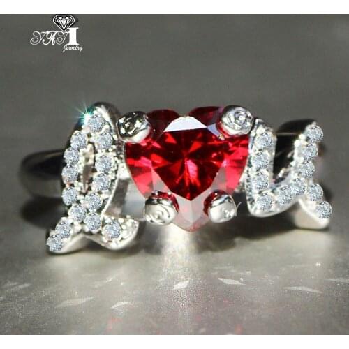 Wholesale YaYI Jewelry Fashion Princess Cut 8*8mm Red Heart Cubic Zirconia Silver Color Engagement Wedding Party Crown Rings