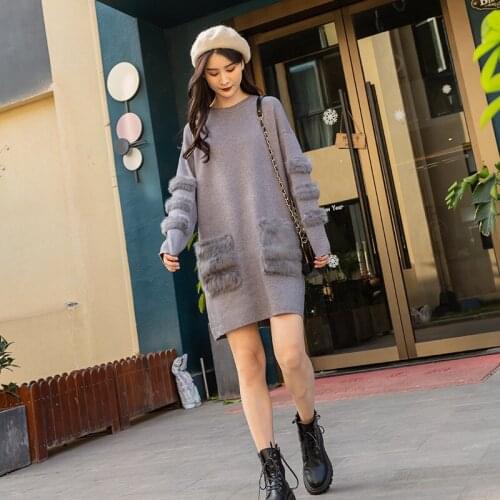 Autumn Winter Woolen Knit Sweater Dress with Real Fox Fur Furry Pocket Sleeve Loose Casual Cute Round Neck Pullover