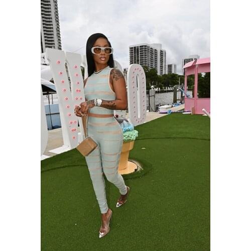 RMSFE 2021 Womens Sleeveless Round Neck Fashion Casual Stripe Print Slim Two Piece Set