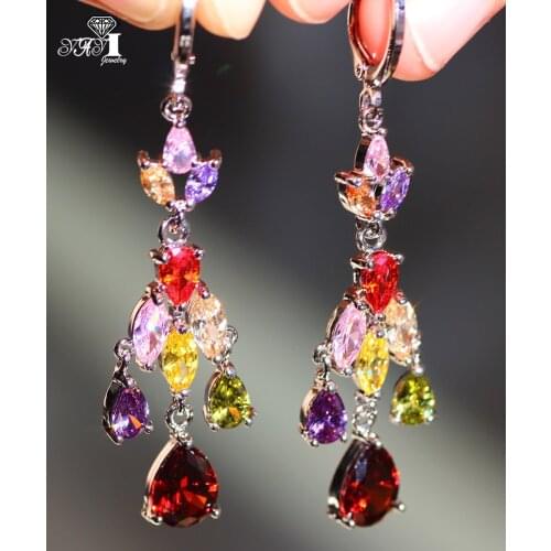 YaYI Jewelry Multi-Color Natural Moissanite Gemstones Zirconia Silver Color Wedding Party Hoop Ear Stud Precious Tassel Earrings