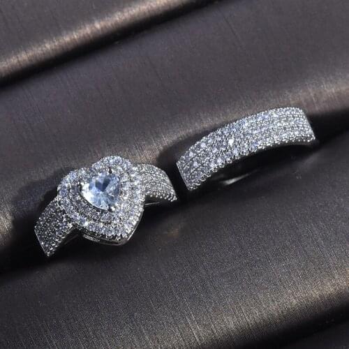 2pcs/set Silver Plated 3 Claw Love Heart AAA Zircon Ring Sets For Women Men Luxury Wedding Party Engagement Jewelry Accessories