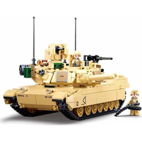 SLUBAN New World War II 2 Military USA Abrams M1A2 Battle Tank Chariot Building Blocks Army Classic Accessories Model Kids Toys