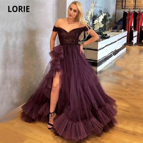 LORIE Purple Evening Dresses Off Shoulder Formal Prom Party Dress Beading Gown V Neck Elegant Gown Tiered Hem Split Plus Size