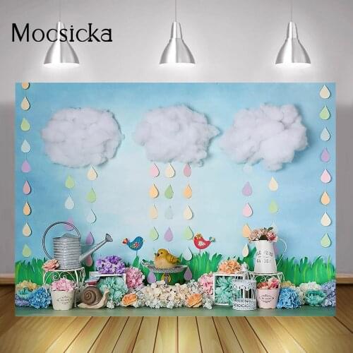 Spring Flowers Garden Backdrop for Photography Green Grass Floral Children Portrait Background Blue Sky White Cloud Photocall