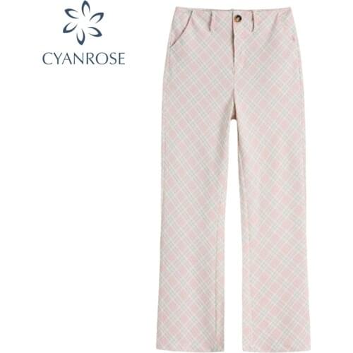 Pink Checkboard Plaid Korean Long Pants Women High Waist Vintage Flare Bell Streetwear 2021 Summer Fashion New Clothes Trousers