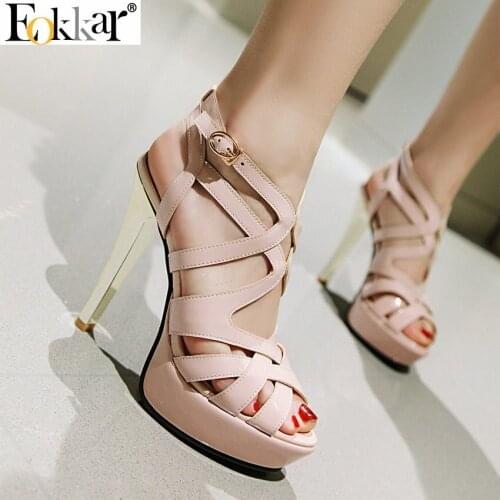 Eokkar 12CM Super High Heel Ladies Patent Leather Pumps Open Toe Stilettos Buckle Strap Black Dress Platform Shoes Size 34-43