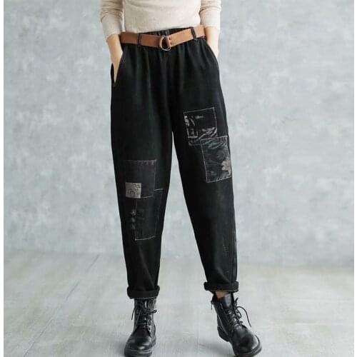 Women Winter Jeans Retro Elastic Waist Loose Fleece All-match Trousers Women New Casual Patchwork Vintage Denim Pants