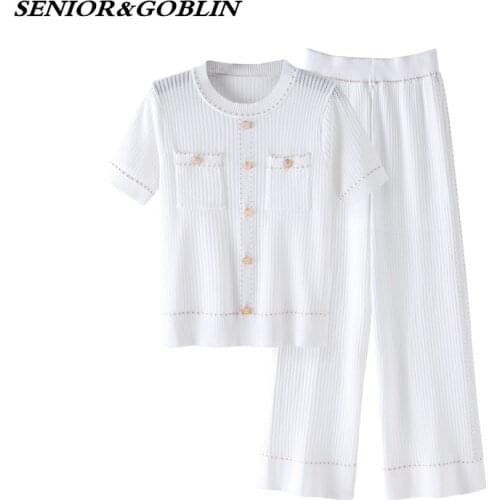 Women Golden Button Hollow Out Knitted Pullover Tops+Knitting Short Sleeve Knit Trousers Clothing Suit Wide Leg Pant 2PCS Set