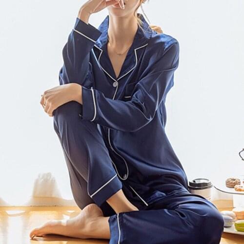 Womens Silk Satin Pajamas Pyjamas Set Long Sleeve Sleepwear Pijama Pajamas Suit Female Sleep Two Piece Set Loungewear Plus Size