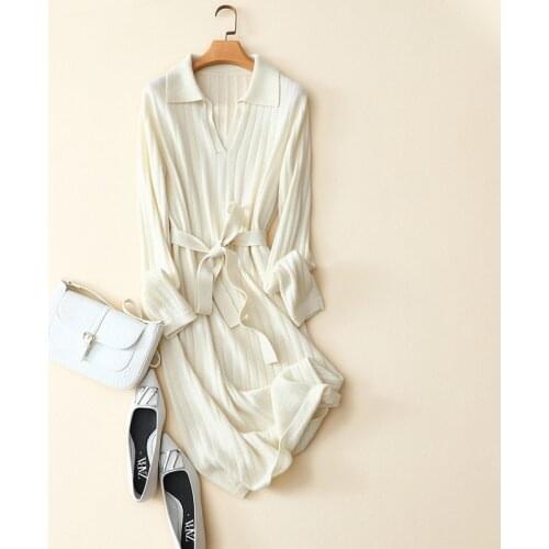 Autumn winter new style ribbed knit womens 100% cashmere dress long