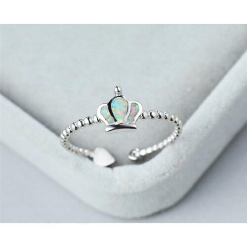 Cute Female White Blue Fire Opal Ring Rose Gold Silver Color Adjustable Rings For Women Love Crown Heart Wedding Engagement Ring
